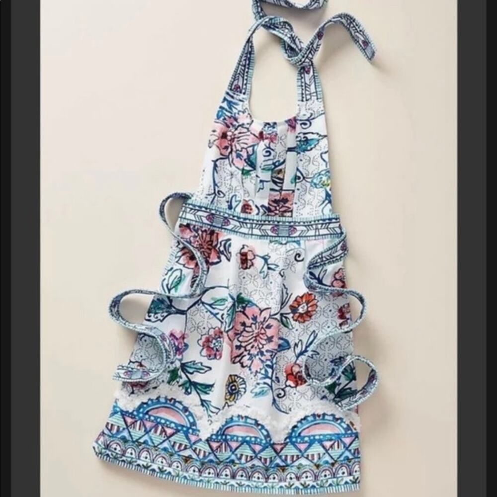 Anthropologie Boho Floral Printed Iris Blue Jade Apron Cotton